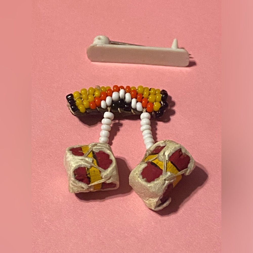 Vintage Native Beaded Leather Drums Pin #9122